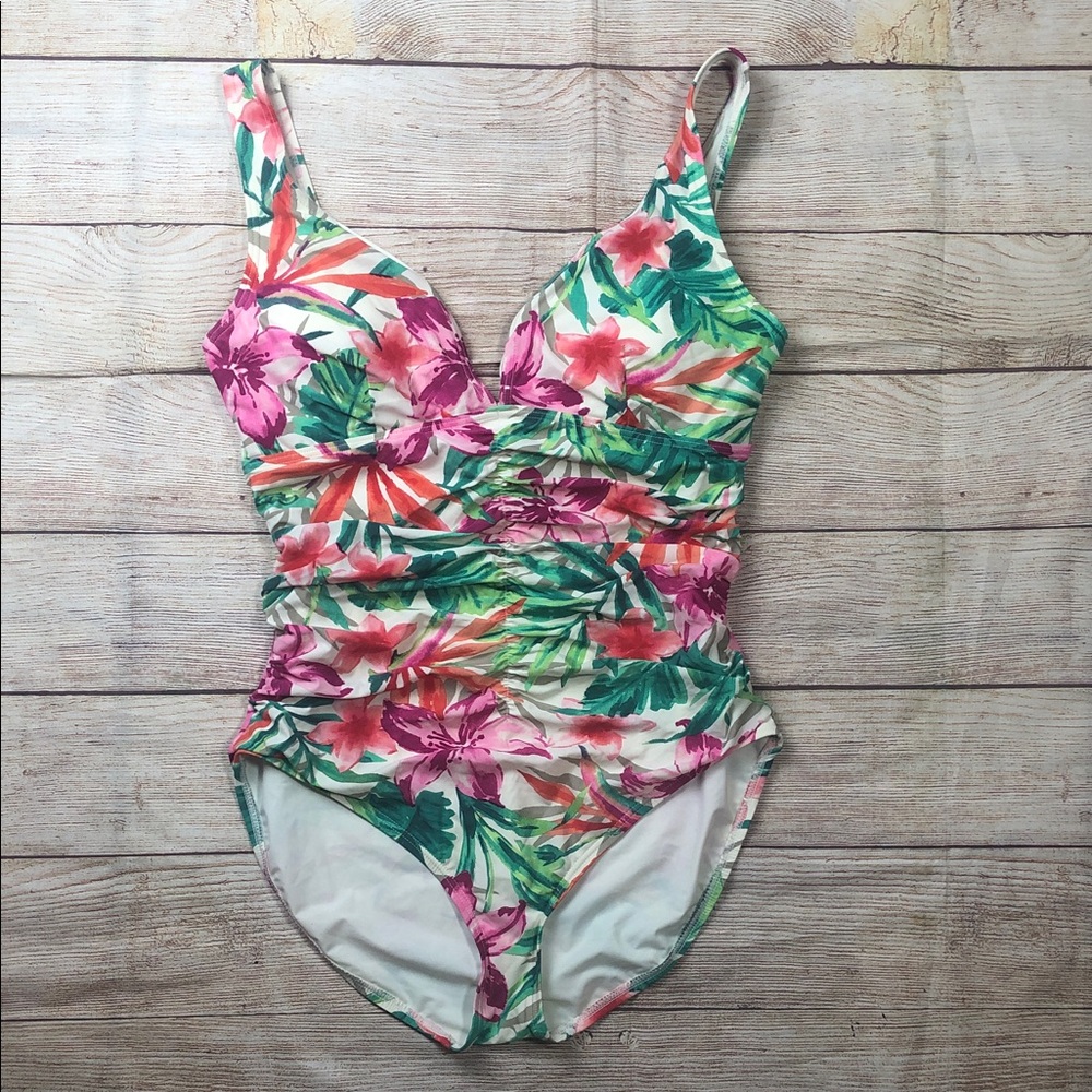 Contours by Coco‎ Reef Tropical Floral Ruched One-Piece in Pink & Green - Picture 1 of 11